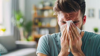 Man at home sneezing due to allergies with focus on the tissue, depicting health and wellness