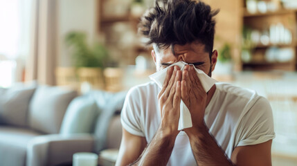 Man at home sneezing due to allergies with focus on the tissue, depicting health and wellness - obrazy, fototapety, plakaty