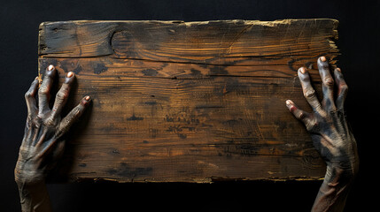 Grisly zombie hands clutching an old wooden plank against a dark backdrop