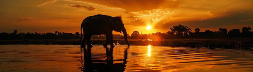The silhouette of a young elephant playing at dusk