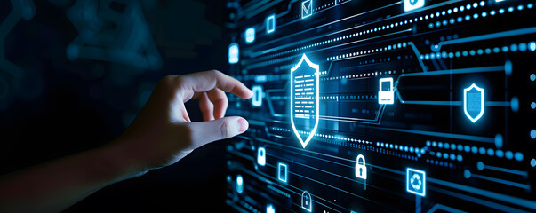 Digital security network. Abstract concept illustration featuring businessman guarding data with shield key and padlock symbolizing online privacy and cyber protection