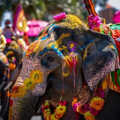 The vibrant spectacle of a Songkran parade elephants adorned with paint and flowers