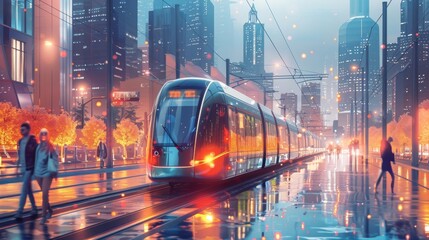Smart Transportation: Illustrate scenes of commuters navigating a smart city using innovative transportation modes such as electric scooters, self-driving cars, and high-speed trains - obrazy, fototapety, plakaty