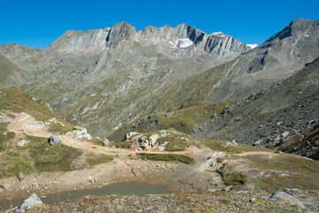Beautiful alpine panorama from the Giogo Lungo alm in Alto Adige, Italy