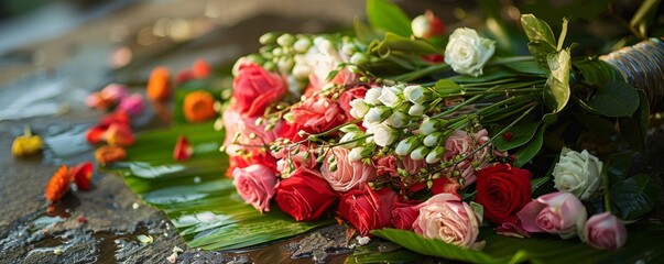 A bouquet of jasmine and roses tied with silk - obrazy, fototapety, plakaty