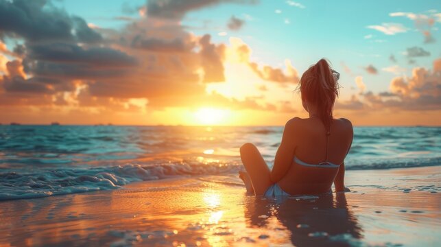 Sunset Beach Vibes: serene yet stylish image of a young individual lounging on a beach at sunset, dressed in casual beachwear