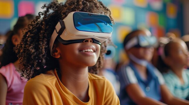 Tech-Enabled Education: Create scenes of students and educators utilizing advanced educational technology, such as AI tutors, interactive learning platforms, and virtual reality field trips