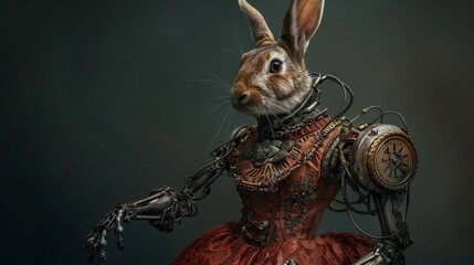 A rabbit with cybernetic limbs and a metal arm adorned with intricate engravings wearing a copper corset and a bustle skirt. - obrazy, fototapety, plakaty