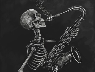 Skeleton playing saxophone, a whimsical fusion of music and macabre in a monochrome artwork. - obrazy, fototapety, plakaty