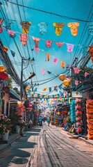 A festive Songkran street vibrant with decorations