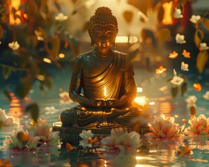 A golden Buddha statue bathed in the golden light of dawn - obrazy, fototapety, plakaty