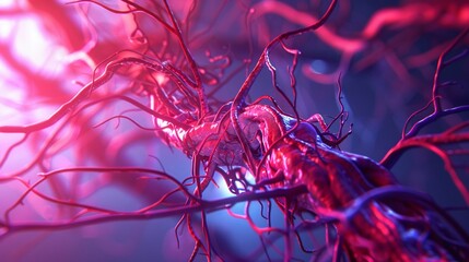 Circulatory system with arteries pulsating in neon color.