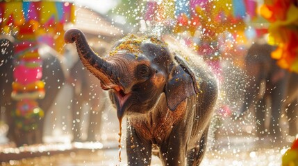 A joyful elephant calf amidst Songkran festivities