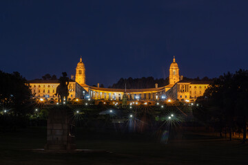 Nighttime photograph of the Union Buildings in Pretoria, Gauteng, South Africa, with stars visible...