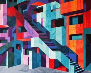 Colorful abstract geometric staircase mural on urban building facade.