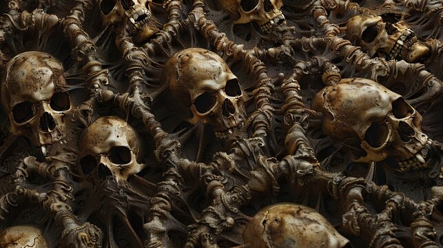 Wall covered in skulls and bones, a chilling reminder of human history and the cycle of life and death.
