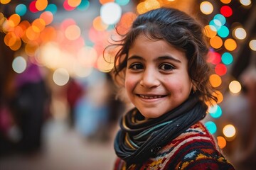 Fototapeta na wymiar Portrait of a little girl on the background of a Christmas market