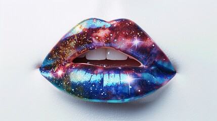 Shimmering lips adorned with a celestial inspired pattern on a pure white surface.
