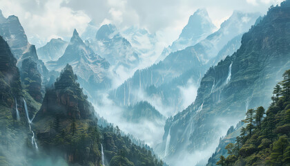 panoramic view of towering mountains cloaked in mist, with cascading waterfalls adding to the dramatic allure - obrazy, fototapety, plakaty