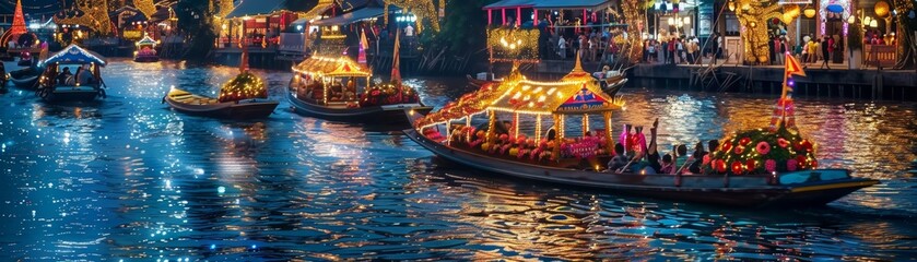 Obraz premium A riverside Songkran celebration with boats adorned with lights and flowers