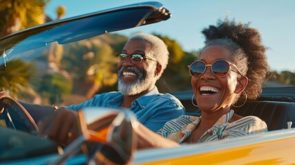 Obraz premium Visualize a dynamic, mixed-race couple in their 60s, setting out on a road trip in their electric car, surrounded by the vibrant greens of the American countryside in spring.