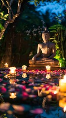 A serene pool reflecting the image of a Buddha statue