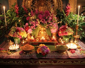 Fototapeta premium A Songkran altar beautifully decorated with flowers candles