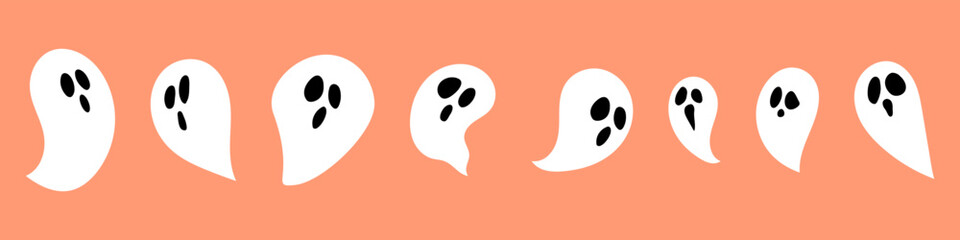 White cartoon ghost icons set for Halloween celebration. Flying ghost silhouette hand drawn illustrations. Vector isolated on background.