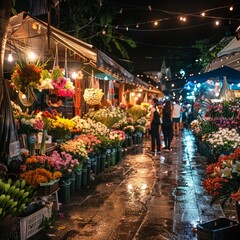 A Songkran night market illuminated by string lights offering fragrant flowers - obrazy, fototapety, plakaty