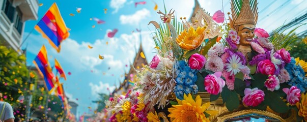 A Songkran parade float adorned with flowers and symbols of Thai culture