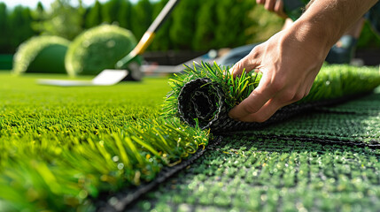 Artificial Turf Installation, Close-up of hands laying artificial turf in a lush garden setting.