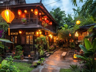 A traditional Thai home its garden adorned with lanterns and flowers