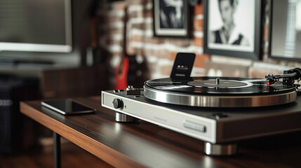 Modern Turntable, Vintage-style turntable in a modern interior with smartphone connection.