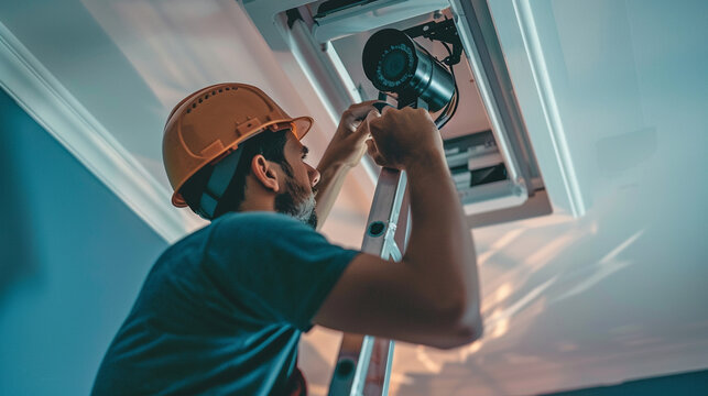 Precision Installation, Man installing a security camera, focusing on technical skill and safety.