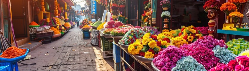 A vibrant marketplace decorated with colorful flowers and scents of traditional Thai perfume - obrazy, fototapety, plakaty