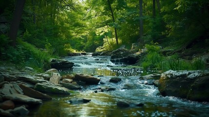 Naklejka na ściany i meble Create a serene and picturesque image featuring a river flowing gently amidst rocks and trees. 