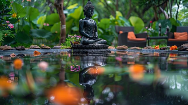 A tranquil pond reflecting a Buddha statue adorned with water and flowers