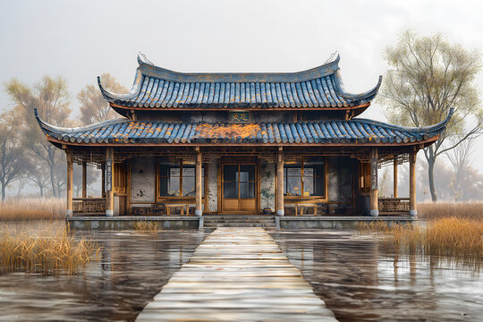 Chinese traditional style pavilion in the lake, closeup of photo