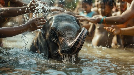 A young elephant being gently washed by villagers - obrazy, fototapety, plakaty