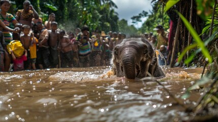 A young elephant being gently washed by villagers - obrazy, fototapety, plakaty