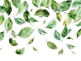 Watercolor minimalist green leaves scattered gracefully on a pure white canvas, ideal for serene backgrounds
