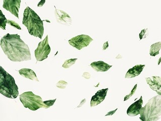 Watercolor minimalist green leaves scattered gracefully on a pure white canvas, ideal for serene backgrounds