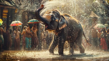 A young elephant lifting its trunk high a cascade of water falling