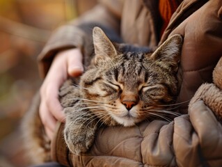 Cozy Embrace: Tabby Cat Enjoying a Warm Hug