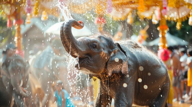 A young elephant lifting its trunk high a cascade of water falling