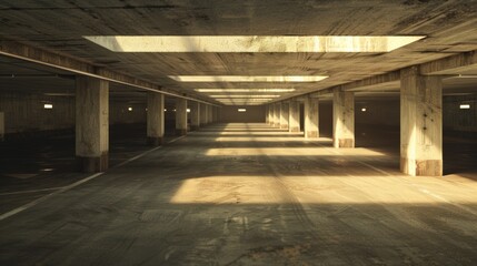 The sprawling solitude of an underground parking, with shadows stretching into the distance