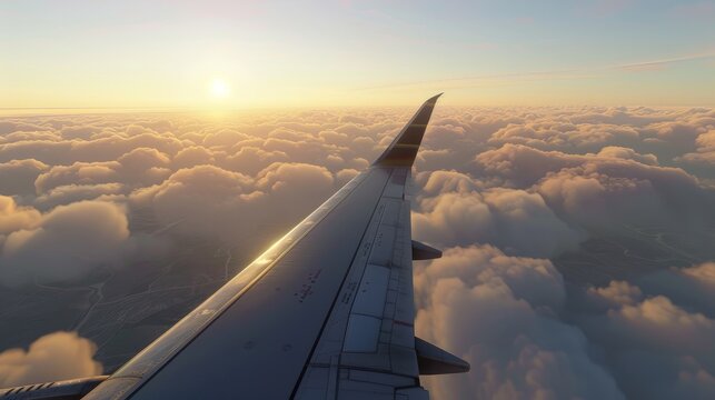 Tranquil scene of an airplane wing soaring above the clouds, viewed from the window