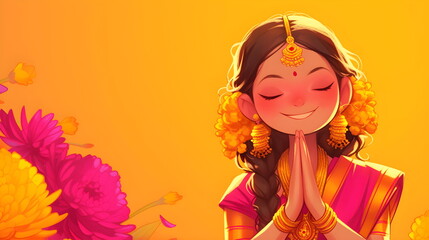 Smiling young Indian girl in sari showing namaskar gesture,praying and smiling