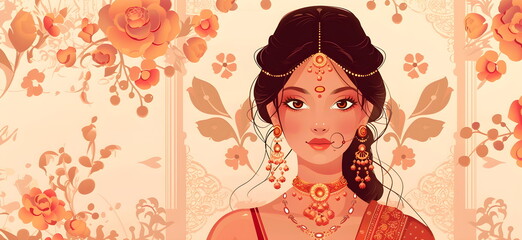 Fototapeta premium Indian bride girl wearing traditional dress against floral background. Woman in colorful sari. Bollywood star traditional fashion. Ugadi or Gudi Padwa. Religion and ethnic banner with copy space