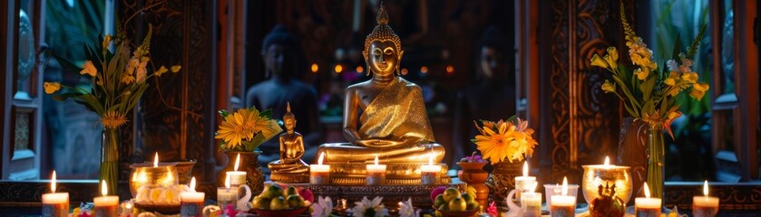 An elegant Songkran altar with a Buddha statue surrounded by offerings of water - obrazy, fototapety, plakaty